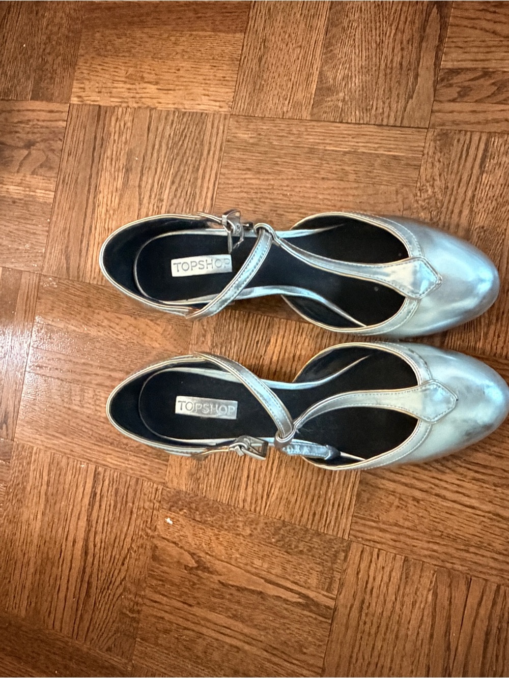 Topshop Metallic Silver T-Strap Heels